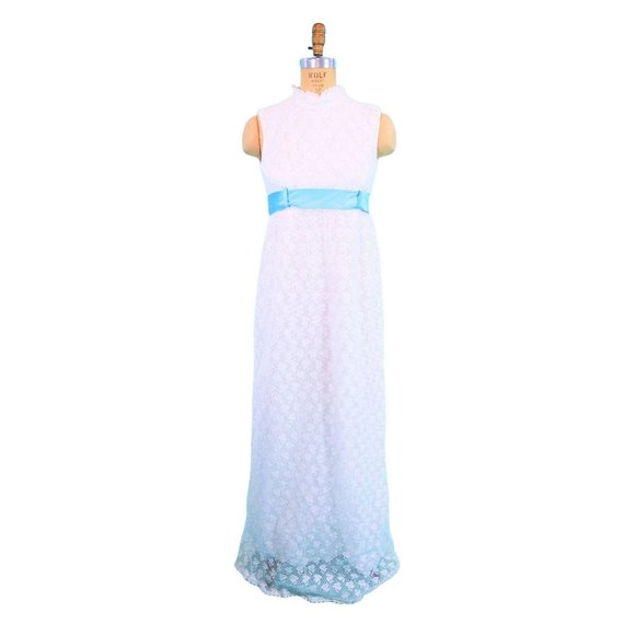 Vintage 1960s Lace Dress White Blue Bow Belt Formal Gown | B 29" - Picture 2 of 9